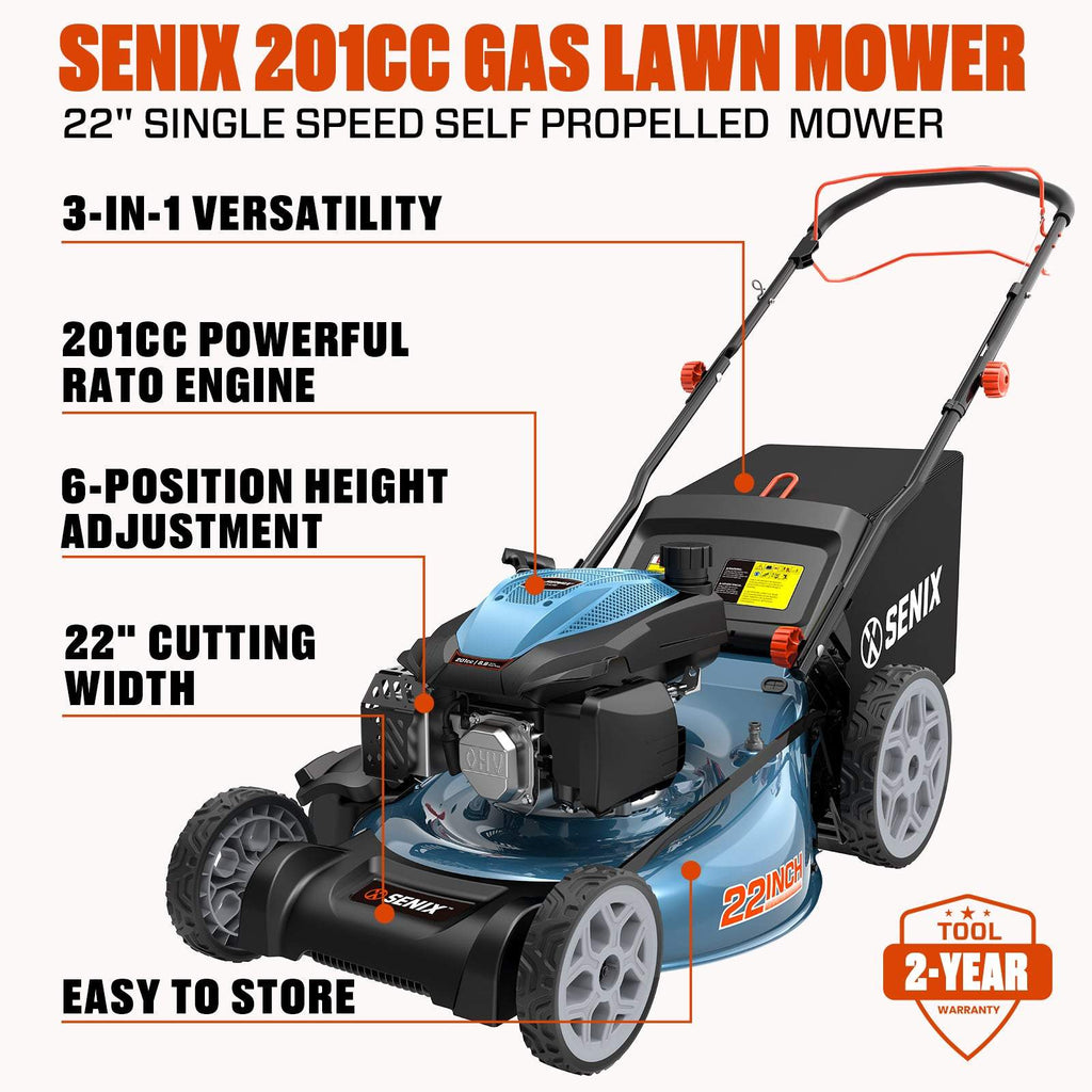 201cc Gas Lawn Mower, 22 Single-Speed Self-Propelled Mower