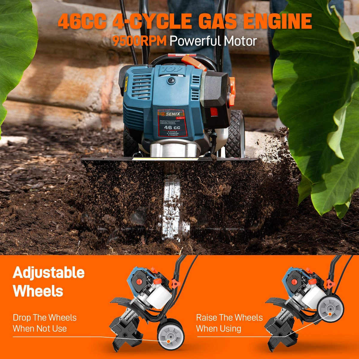 46cc 4-Cycle Gas Tiller Cultivator