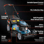 22 Self-Propelled Gas Lawn Mower with Variable Speed, 201cc 4-Cycle RV200Pro Engine, 3-in-1 Cutting System, 6-Position Height Adjustment