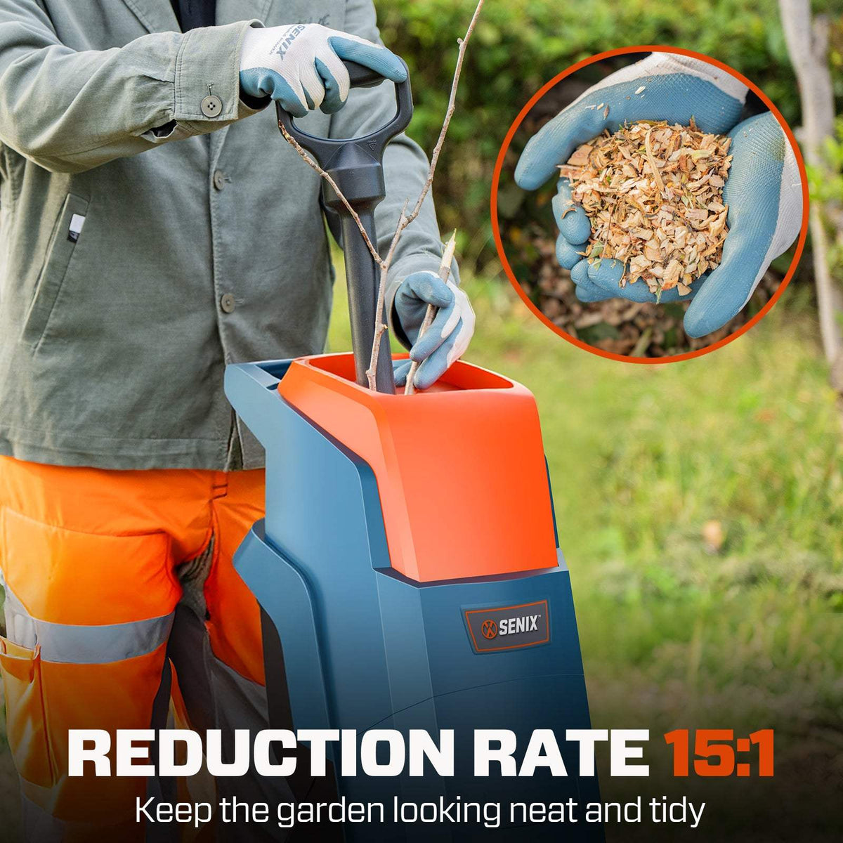 15-Amp Electric Chipper Shredder Mulcher with 46L Collection Bag, 1.6 Cutting Capacity, 22:1 Reduction, 4000 RPM Max Speed