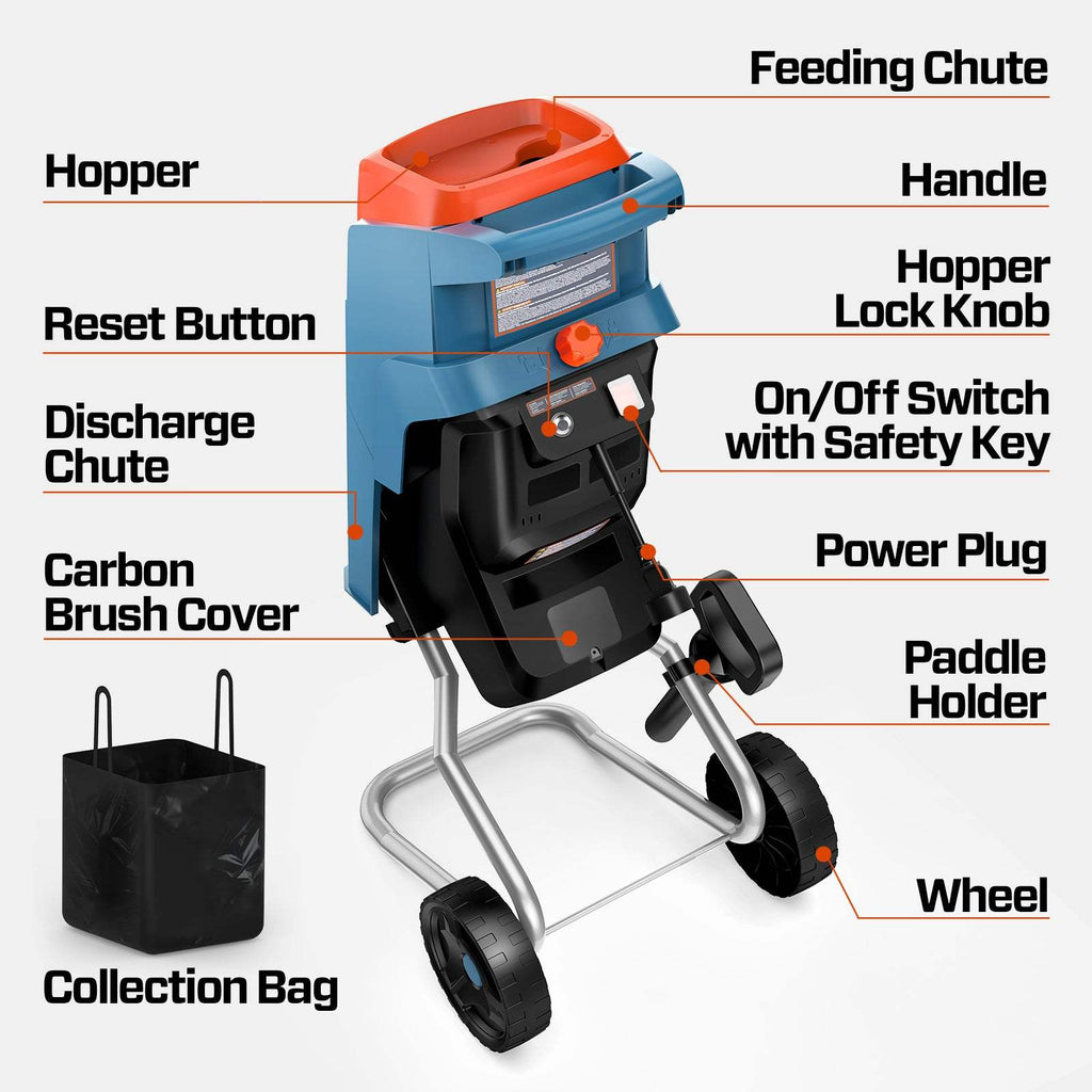 15-Amp Electric Chipper Shredder Mulcher with 46L Collection Bag, 1.6 Cutting Capacity, 22:1 Reduction, 4000 RPM Max Speed