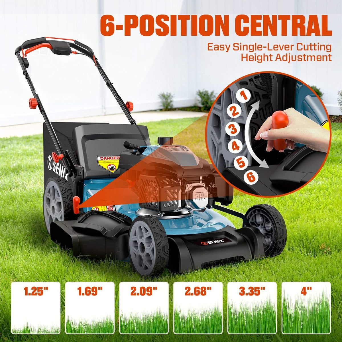 22 Self-Propelled Gas Lawn Mower with Variable Speed, 201cc 4-Cycle RV200Pro Engine, 3-in-1 Cutting System, 6-Position Height Adjustment