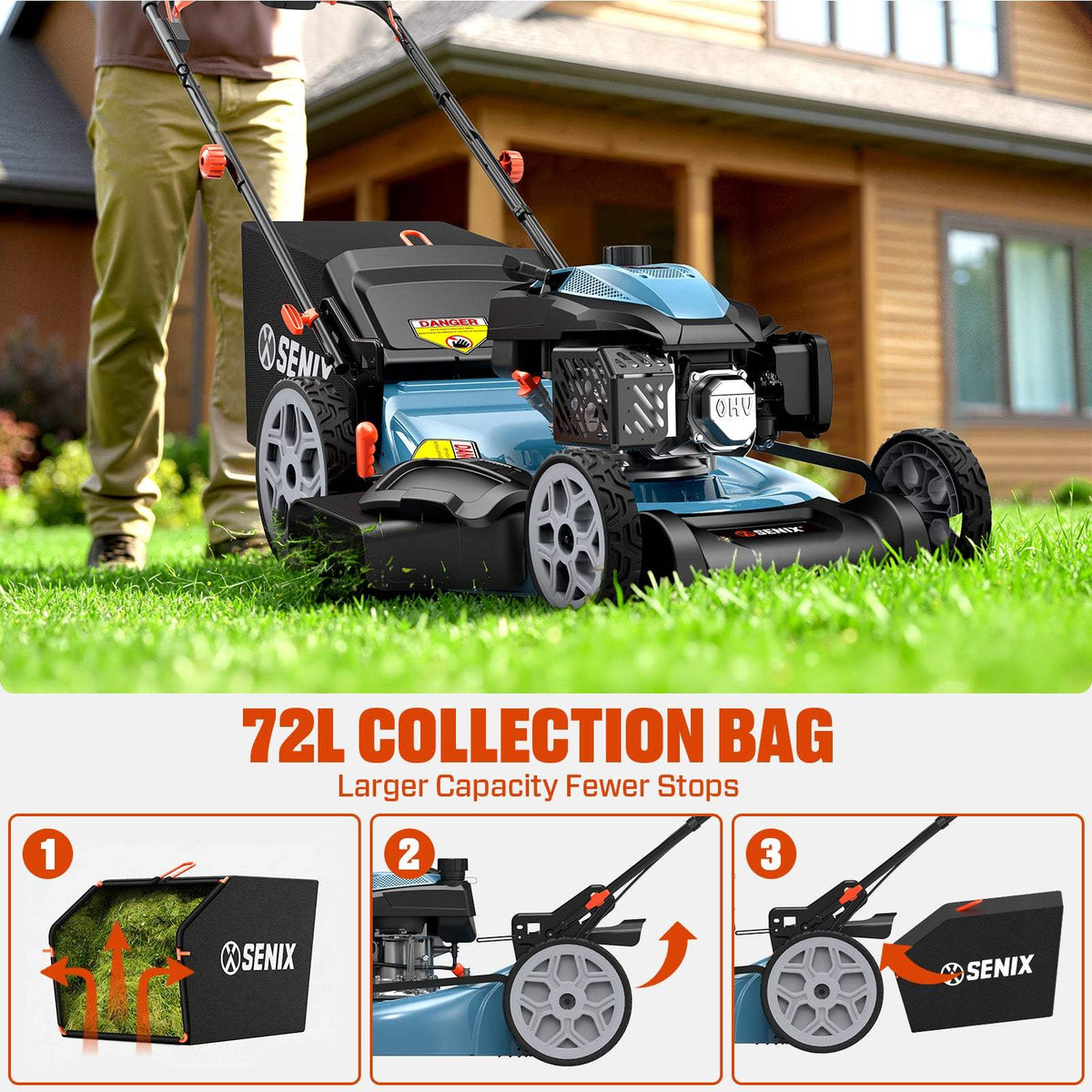 22 Self-Propelled Gas Lawn Mower with Variable Speed, 201cc 4-Cycle RV200Pro Engine, 3-in-1 Cutting System, 6-Position Height Adjustment