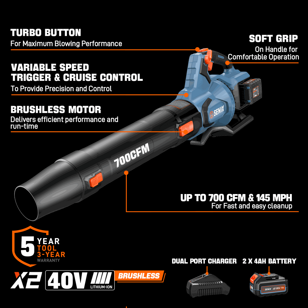 40V Fall & Winter Cleanup Combo Kit – 13 Snow Shovel & 700 CFM Leaf Blower & Short Tube