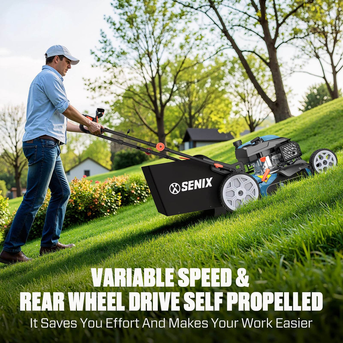 22 201cc Gas Lawn Mower, Variable Speed Rear Wheel Self-Propelled Mower, 3-in-1 Mulching, Bagging, Discharging
