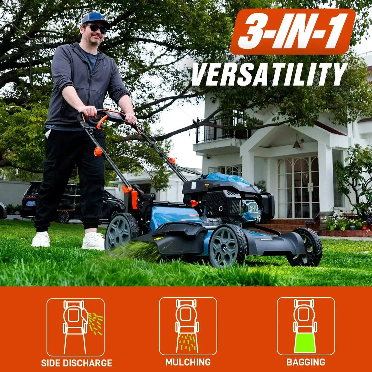 22 201cc Gas Lawn Mower, Variable Speed Rear Wheel Self-Propelled Mower, 3-in-1 Mulching, Bagging, Discharging