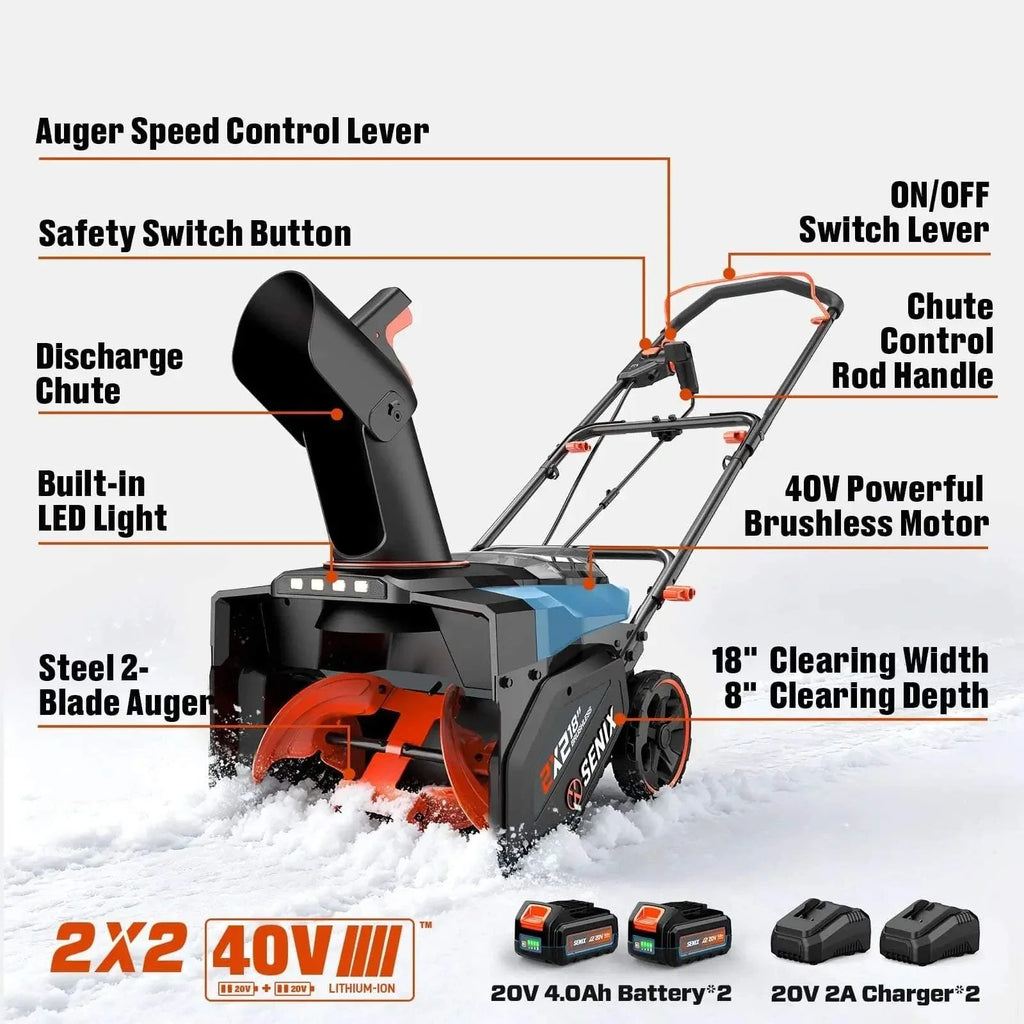 40V Max 18 Cordless Snow Blower, Brushless 2*5.0 Ah Batteries & Dual-Port Charger Included