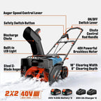 40V Max 18 Cordless Snow Blower, Brushless 2*5.0 Ah Batteries & Dual-Port Charger Included