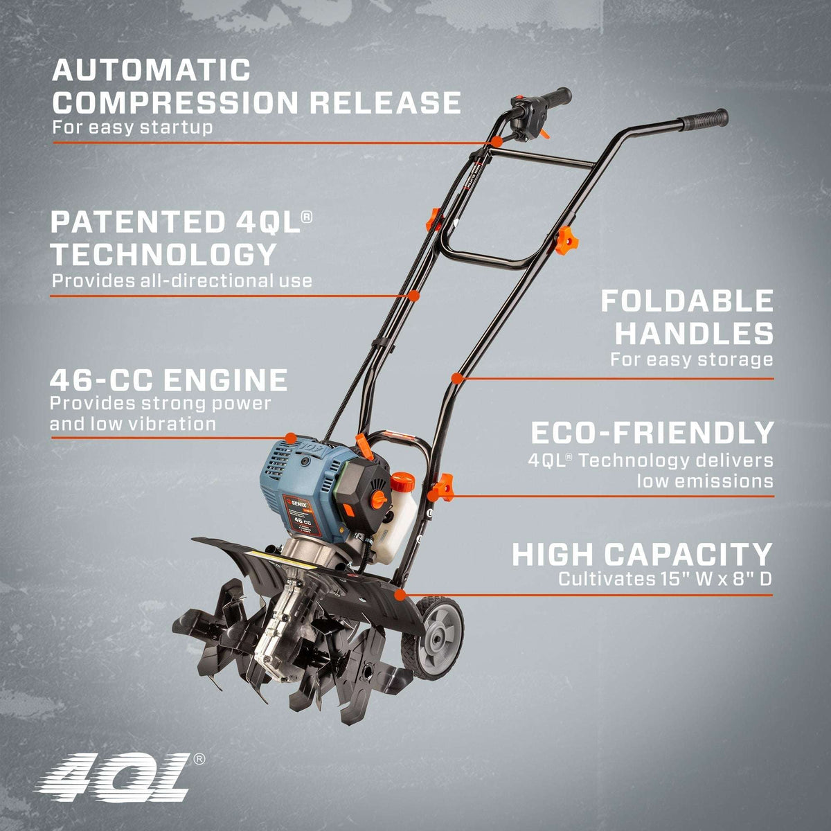 46cc 4-Cycle Gas Tiller Cultivator